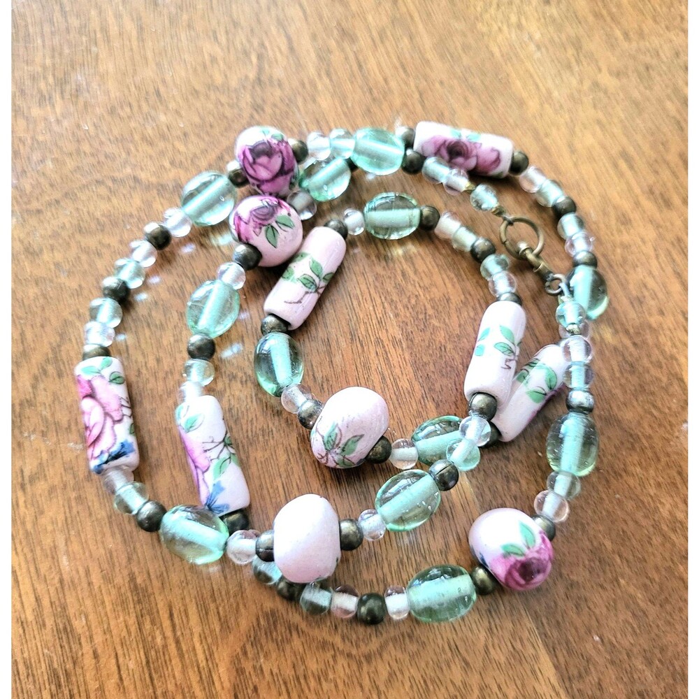Vintage Cottagecore Sea Green Glass, Brass and Pink Porcelain Rose Bead Necklace